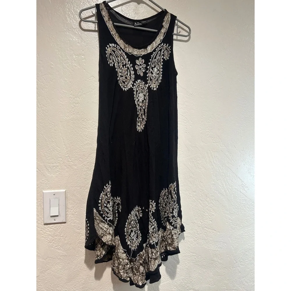 S.R. Fashion Black Paisley Rayon Handkerchief Hem Boho Sleeveless‎ Dress OS